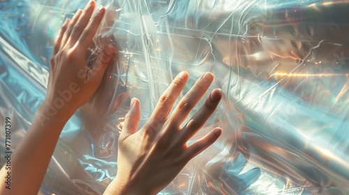 Hands pressing against a transparent flexible surface