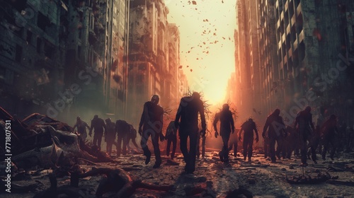 Horde of zombies dead walking in a destroyed city after infection with virus and end of the world of the alive people