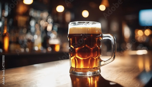 glass of beer with blurred bar in the background, ai