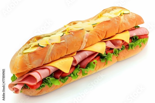 Delicious Italian sub sandwich with various meats, cheese and vegetables, isolated on white, food photo