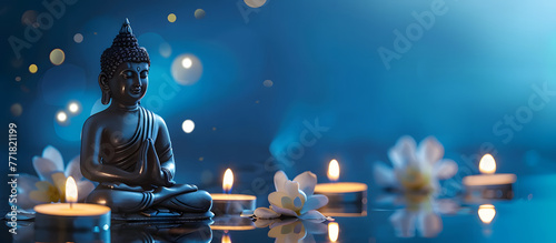 A serene Buddha statue surrounded by candles and flowers, bathed in soft, ethereal light. Happy Vesak Day Concept