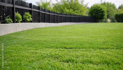 Green smooth lawn against the background of a white fence. Green lawn surrounded by a fence.