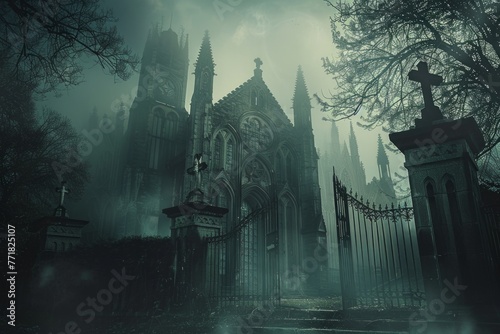 Mysterious and eerie depiction of a fog-shrouded church with a looming archway, evoking a haunting atmosphere of solitude and secrets in the dimly lit sanctuary.