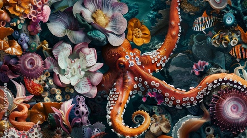 Captivating in its detail, a close-up view reveals fantastical creatures gleefully dancing amidst an enchanting underwater realm.