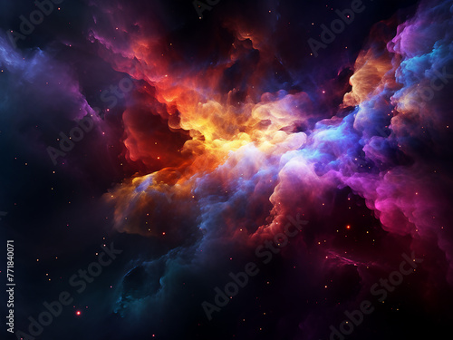 3D rendering showcases a colorful nebula with glowing particles.