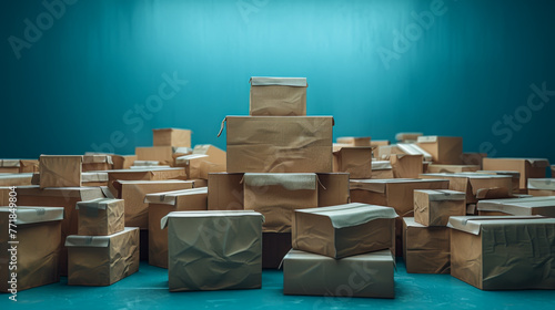A stack of cardboard boxes is piled up against a blue wall. The boxes are of various sizes and are piled on top of each other. The scene gives off a sense of clutter and disorganization