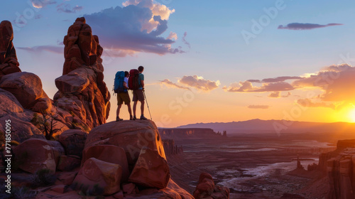 Two hikers on rock formations in Arches National Park near Moab Utah at sundown.