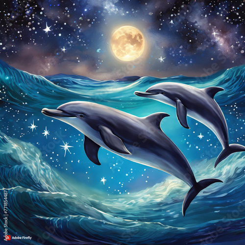 별과 달이 비추는 밤 바다에서 춤추는 돌고래 두 마리