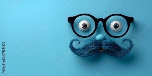 April Fools Day prank props comical glasses bushy eyebrows mustache on blue background with copy space. Concept April Fools Day, Prank Props, Comical Glasses, Bushy Eyebrows, Mustache