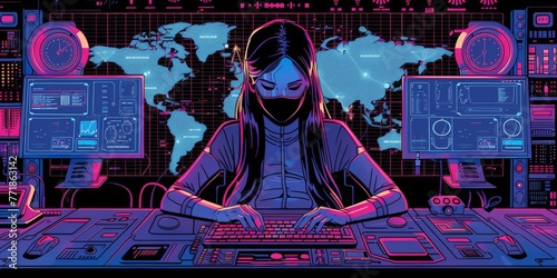Vivid cyberpunk concept art of a female hacker working intensely at her futuristic console with glowing screens, ideal for science fiction and technology themes