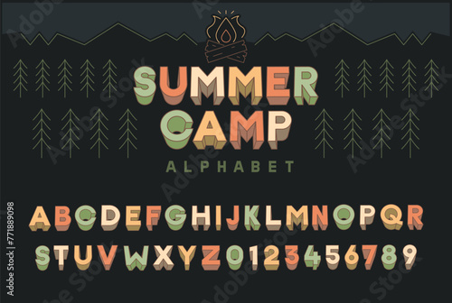 Summer camp alphabet font 3d effect with nature and holidays color scheme. Outdoor adventure typography set for flyers, banners, websites, posters