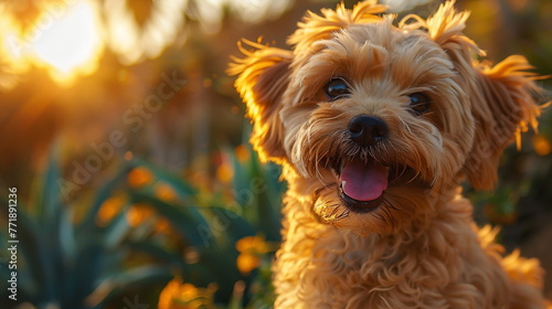 portrait of a cute puppy, happy smile dog in the park around sunset 
