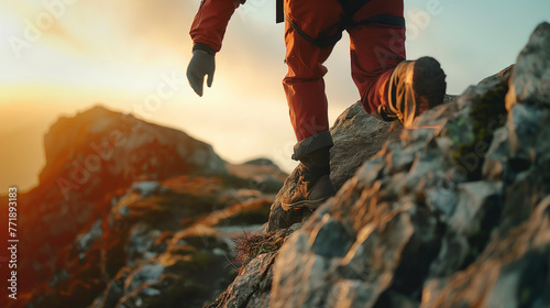 A close-up on the reliable grip of a hiker's boot on rugged terrain, symbolizing the vital support we find in companionship on the ascent to life’s peaks