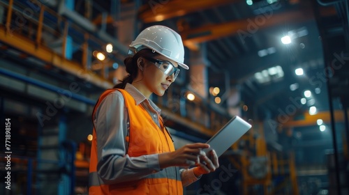 The image portrays a worker, beaming with positivity while operating a drill, dressed in both a professional uniform and a safety helmet They are situated outdoors, possibly within a cityscape or amid