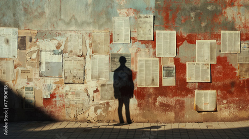 A solitary figure's shadow cast upon a wall plastered with foreclosure and liquidation notices, depicting the personal toll of bankruptcy.