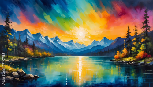 Mountain Lake Serenity: A picturesque landscape captures the beauty of sunrise and sunset over the tranquil waters, framed by majestic mountains, lush forests, and serene skies