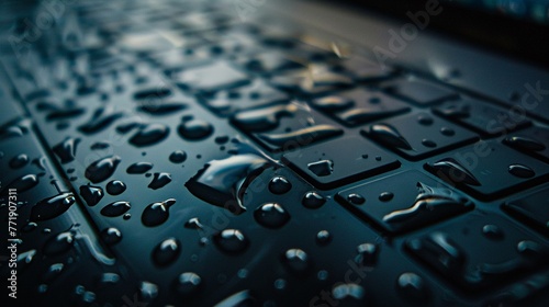 Water droplets on a laptop screen, backlight glow, macro shot, clear details , High details