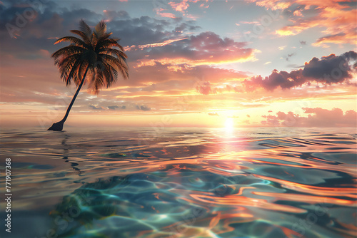 Little Tropical Island with coconut tree and clear water of the sea at sunset