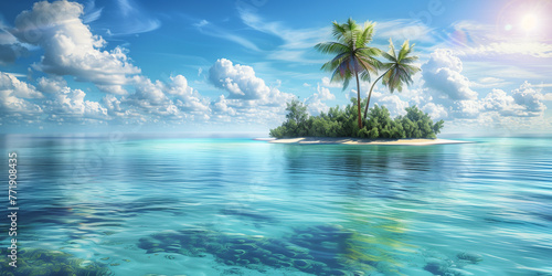 Little Tropical Island with coconut tree and clear water of the sea and blue sky