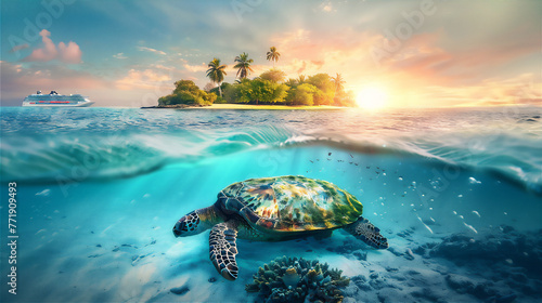 scenic Beach with island and coconut trees with turtle under water at sunset in summer