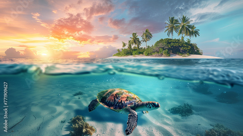 scenic Beach with island and coconut trees with turtle under clear water at sunset