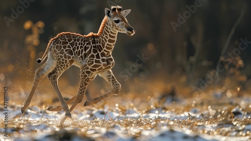 Playful Giraffe Calf Trotting in Golden Light. Giraffe calf experiences the warmth of the savanna, playfully trotting with sunlit drops highlighting its youthful energy.