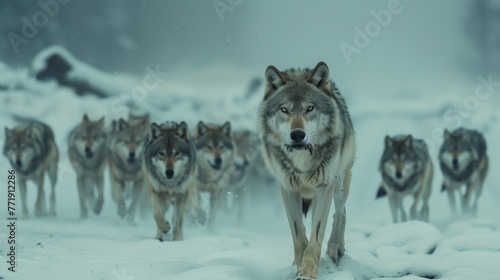 Alpha Wolf Leading Pack in Snowy Terrain. Alpha wolf leads its pack through a snowy landscape, their fur frosted with ice, embodying the spirit of the wilderness.