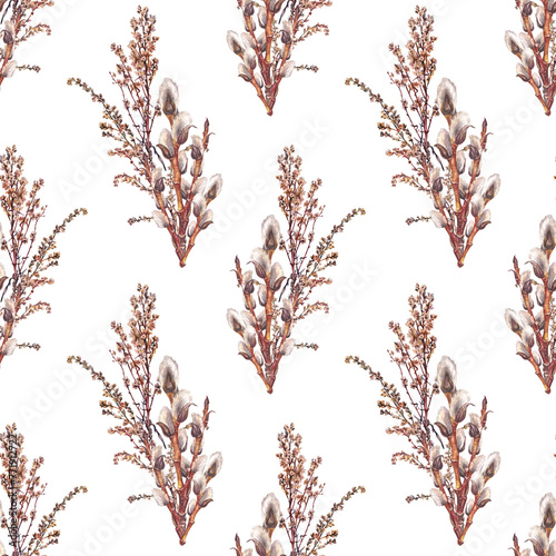 Seamless pattern with watercolor willow and dried wild flower wormwood on white background. Hand-drawn brown branch herb for spring decor. Botanical bouquet illustration for wallpaper or wrapping