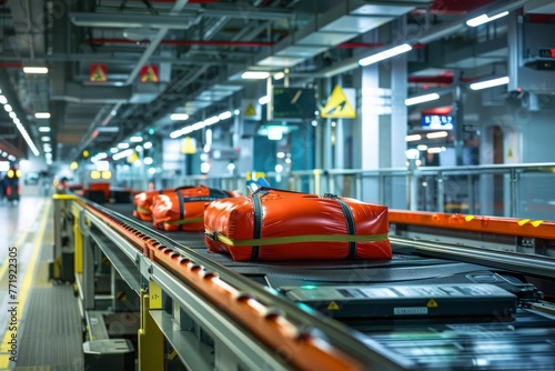 A conveyor belt moving various pieces of luggage through an airports baggage handling system