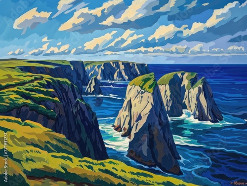 A painting of a rocky shoreline with a blue sky and a few clouds