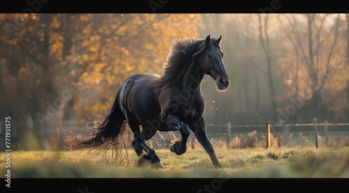 A majestic Friesian horse trotting gracefully across a sunlit pasture.