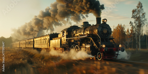 A vintage steam engine train hurtles down the tracks at high speed, its smokestack billowing tons of smoke, all against the backdrop of the golden hour.