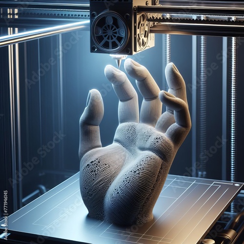 a 3D printer in the process of creating a hand. the intricate layers as they are precisely deposited to form the complex structure of a human hand,the remarkable capabilities of 3D printing technology