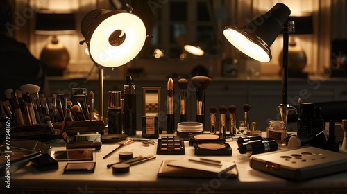Illuminated by soft studio lights, an ensemble of beauty tools and cosmetics adorn the table, awaiting the deft touch of a crop makeup artist's expertise.