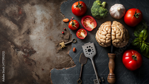A creative still life of fresh vegetables and a brain model among vintage kitchen utensils.
