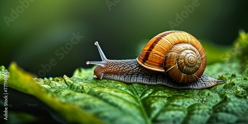 A green leaf serves as the path for the slow movement of a snail, Generative AI 