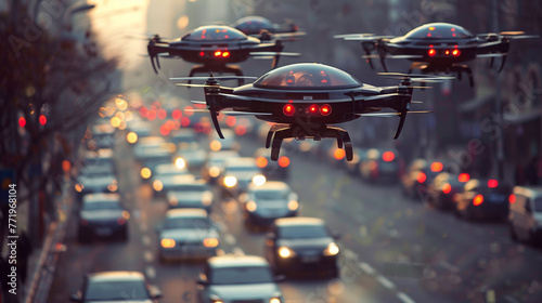 Flying cars in a city, traffic jam on the ground street.