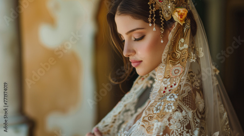 Beautiful bride with an ornately embroidered veil covering her head and back.