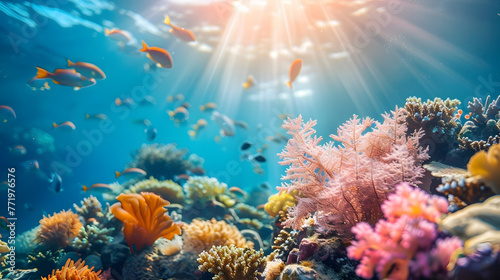 Vibrant coral reef teeming with fish and colorful corals in underwater world