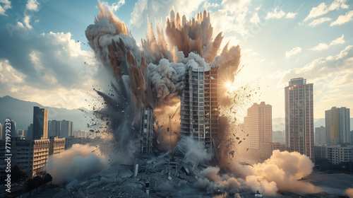 Controlled demolition of an old residential skyscraper building. Explosives in use.