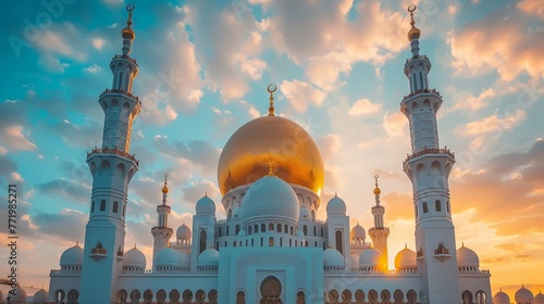 Serene mosque domes with golden spires against soft clouds