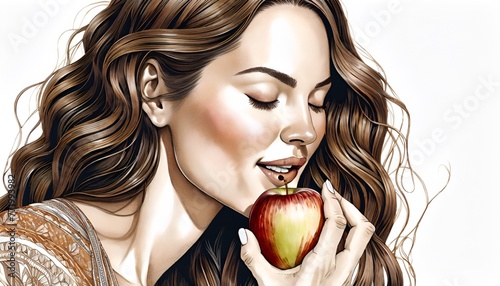 A woman holding and biting an apple. Mindful eating concept. Tips for mindful eating, notice, observe, feel, taste and enjoy. Generative AI