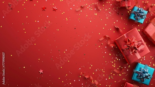roter Geburtstagsfeier Hintergrund mit Geschenken und Konfetti