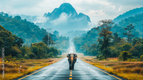 An elephant stands alone on a misty road cutting through a lush forest with mountains looming in the background.
