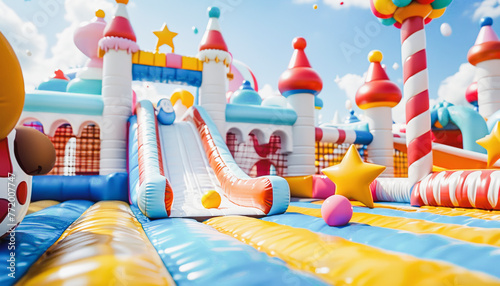 Colorful inflatable bounce house castle with slides and obstacles under a blue sky, creating a playful atmosphere for children's fun.