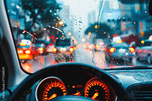 View from a car's interior, dashboard illuminated, windshield with raindrops, blurred traffic and street lights ahead during an evening commute.