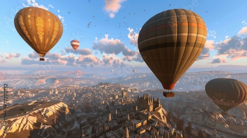 Hot air balloons flying over spectacular Cappadocia. 