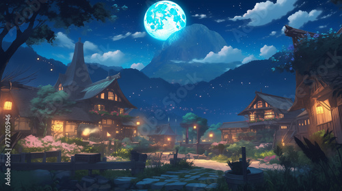 anime background, halloween night in the village, moonlit village, with thatched cottages, cobblestone paths, glowing lanterns, soft moonbeams, twinkling lights, storybook, enchanting glow