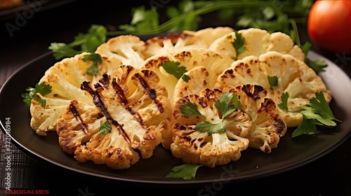 Delicious roasted cauliflower in a plate and strewn with celery leaves, on a dark wooden table background.