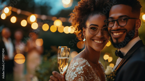 Beautiful Bride and Groom celebrating wedding at an evening wedding reception party. Smiling diverse wedding couple enjoying champagne surrounded by:
